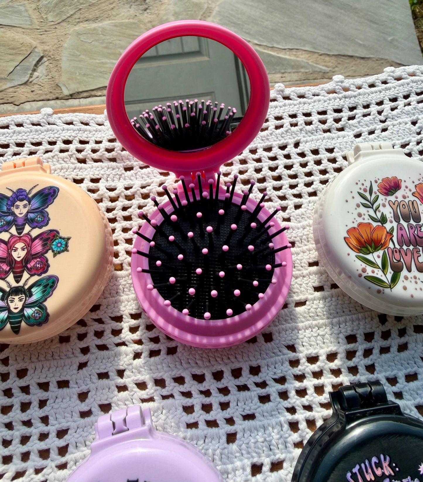 Personalized compact hair brush with mirror